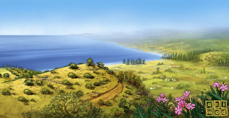 Background for 2D animation showing a Mediterranean landscape with hills, olive trees, and the sea, capturing a warm summer feeling. Created by ANIMaD in 2009.