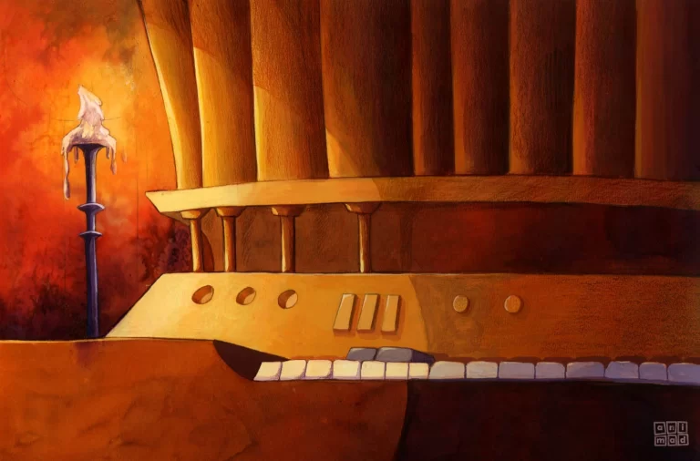 Background for animation featuring a close-up of a piano with a monochromatic palette of ochres and high contrast, created with ecolines by ANIMaD in 1996