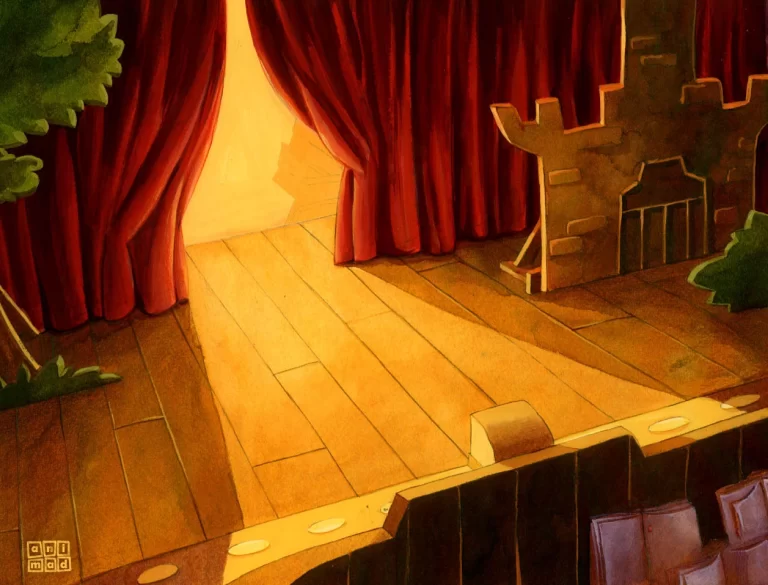 Background for animation of a theater stage with warm colors of reds and ochres and high contrast, created with ecolines for an animation series by ANIMaD in 1996