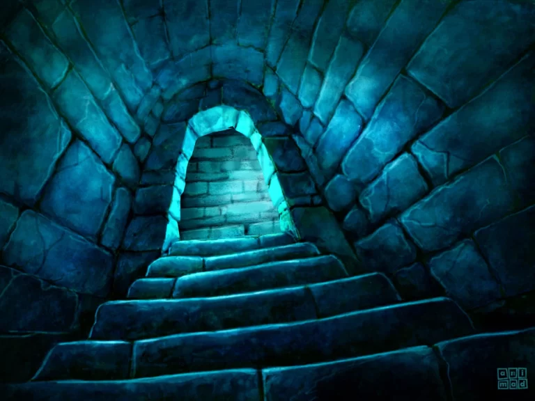 Background for animation featuring stairs in a tunnel, created with ecolines in a monochromatic palette of vibrant blues with high contrast, for an animation series by ANIMaD in 1996