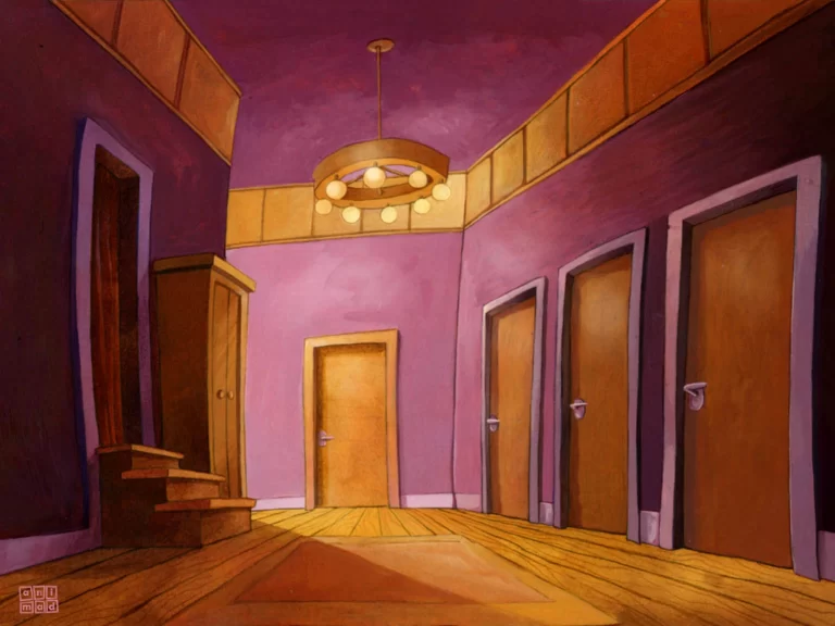 Background for animation featuring an ecoline painting of a theater backstage corridor with a warm palette of violet and ochre, created for an animation series by ANIMaD in 1996