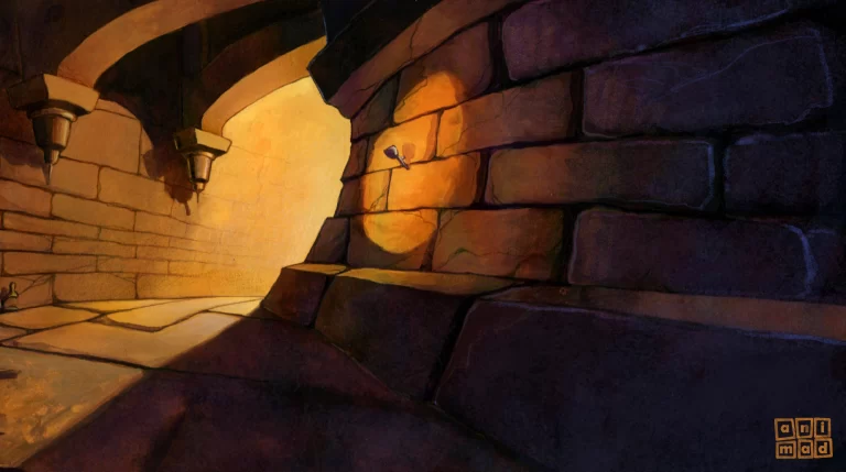 Secret tunnel background with warm colors and high contrast, created with ecolines for an animation series in 1996 by ANIMaD