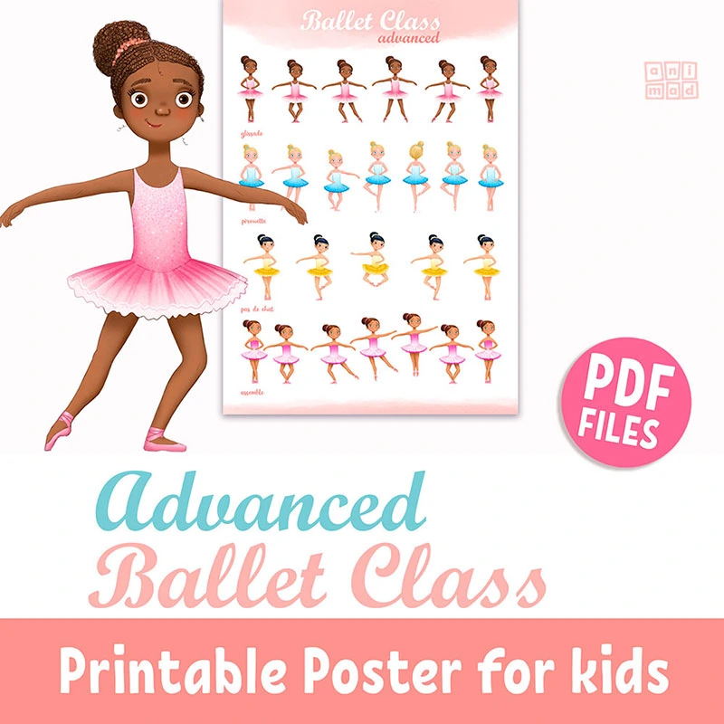 Hand-drawn printable poster of little ballerinas demonstrating advanced ballet positions such as pirouette, assemblé, glissade, and pas de chat, available as an instant download on Etsy by AnimadPrintables