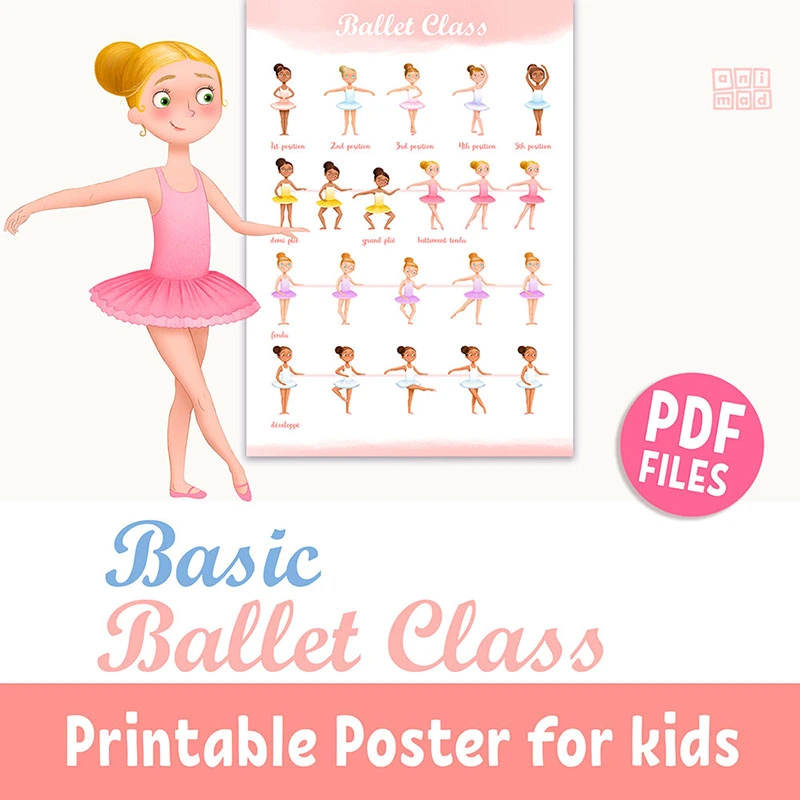 Hand-drawn printable poster of little ballerinas wearing colorful tutus and practicing basic ballet positions, available as an instant download on Etsy by AnimadPrintables