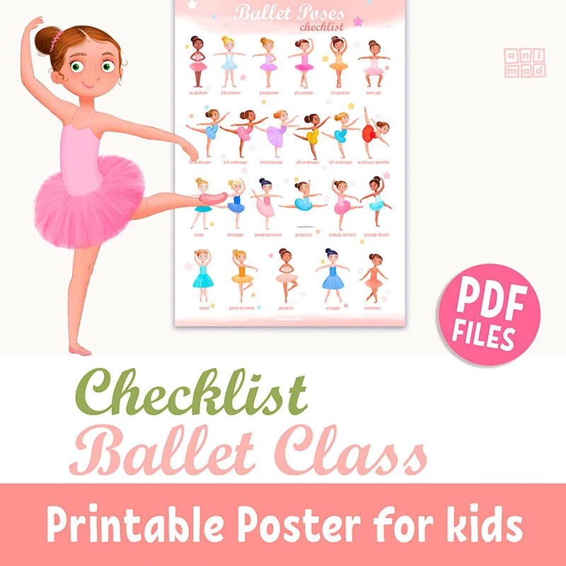 Hand-drawn printable checklist poster for ballet class, featuring diverse ballerinas wearing colorful tutus, available as an instant download on Etsy by AnimadPrintables.