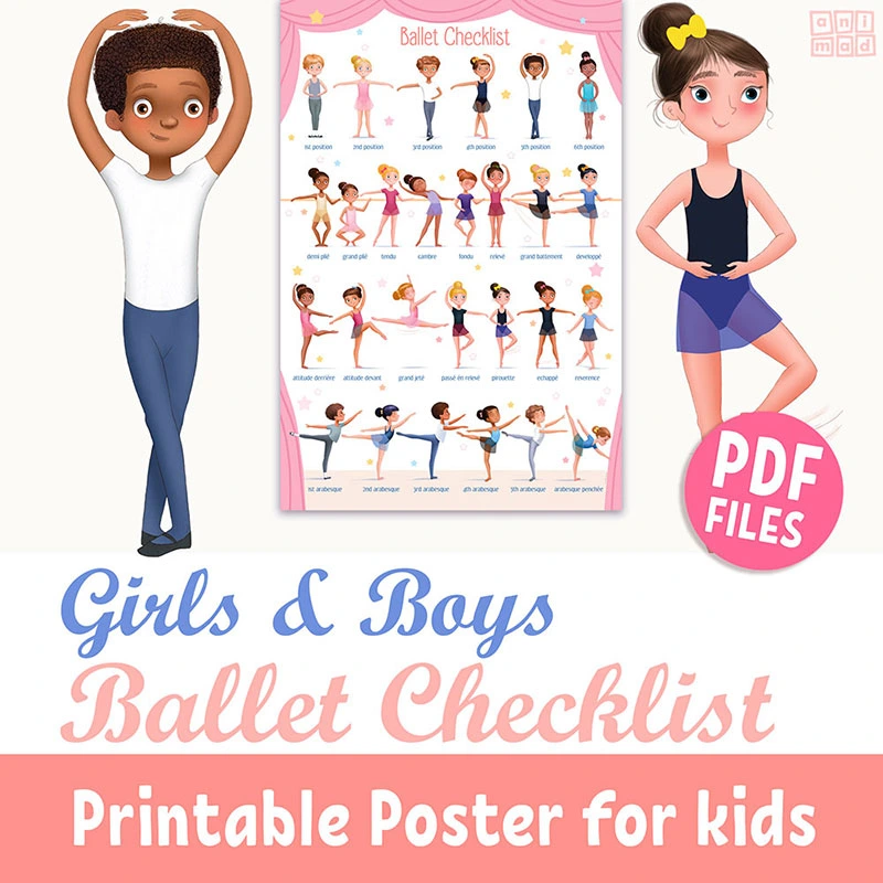 Hand-drawn printable checklist poster for ballet class, featuring diverse boys and girls in classroom uniforms, available as an instant download on Etsy by AnimadPrintables