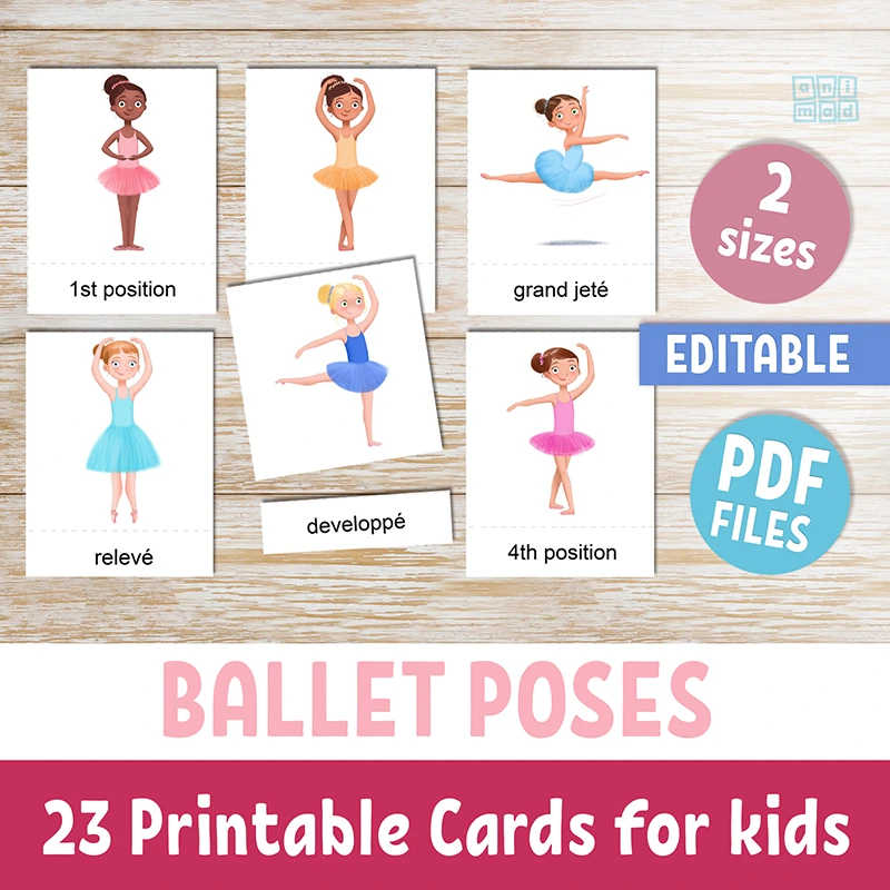 Hand-drawn printable flashcards for kids featuring illustrations of diverse little ballerinas in colorful tutus, demonstrating ballet positions like grand jeté, primary positions, and passé en relevé, with editable text labels, compatible with the Montessori method. These are 3-part cards, available as an instant download on Etsy by Animad