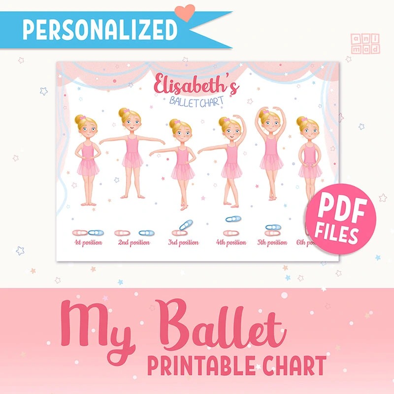 Hand-drawn personalized printable poster for girls, featuring a single ballerina demonstrating primary ballet positions with top-down shoes, available as a made-to-order listing on Etsy by Animad