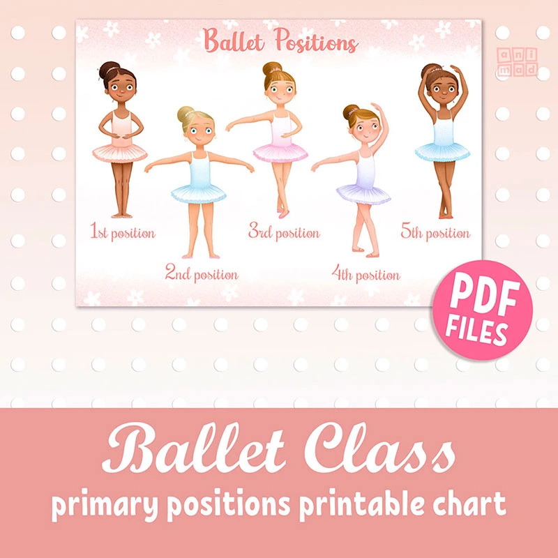 Hand-drawn printable poster of diverse ballerinas demonstrating primary ballet positions in colorful tutus, available as an instant download on Etsy by AnimadPrintables