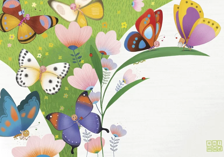 Children's Book Illustration: Digital illustration of many colorful butterflies flying playfully on flowers. Made by ANIMaD in 2023