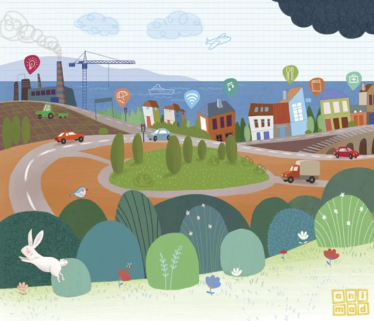 Children's Book Illustration: Minimalistic and stylized colorful digital illustration of a village in the mountains landscape. Made by ANIMaD in 2022