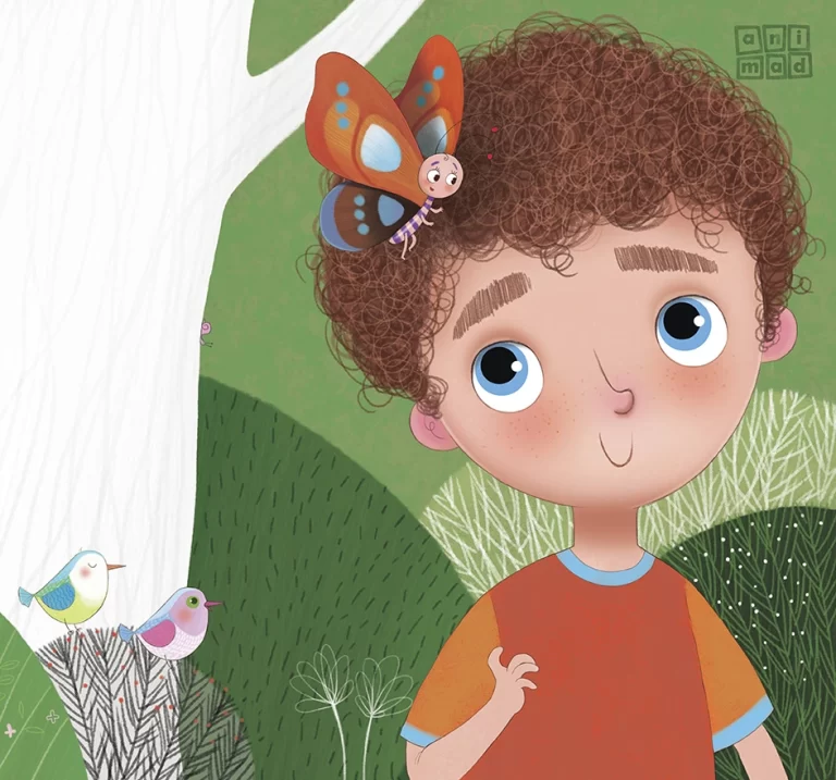 Children's Book Illustration: Digital illustration of a cute little boy in the forest amongst birds, with a butterfly on his hair. Made by ANIMaD in 2023