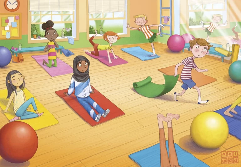 Children's Book Illustration: Digital colorful illustration of diverse happy cartoon children with clear facial expressions practicing yoga in a yoga class. Made by ANIMaD, 2020