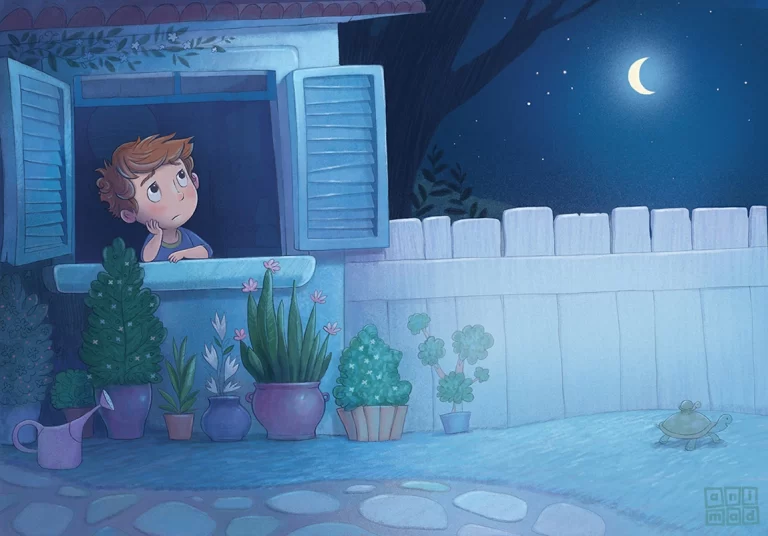 Children's Book Illustration: This digital artwork by ANIMaD features a dreamy little boy gazing out of the window at the full moon in the garden, with soft blue hues creating a tranquil and enchanting atmosphere.