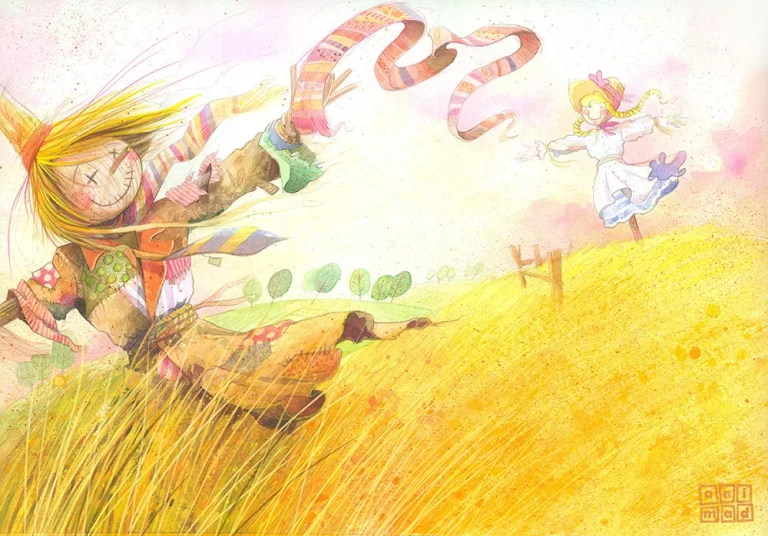 Children's Book Illustration: Dreamy watercolor illustration of two scarecrows falling in love in a yellow field. Made by ANIMaD in 2016