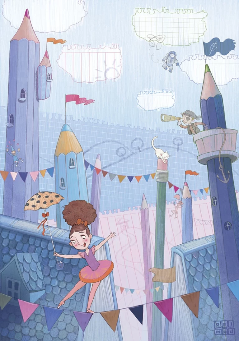 Children's Book Illustration: Whimsical digital illustration in soft blue pastel hues of a little ballerina dancing on the rooftops of a city where the houses have book rooftops, and pencils and paper are floating. Made by ANIMaD