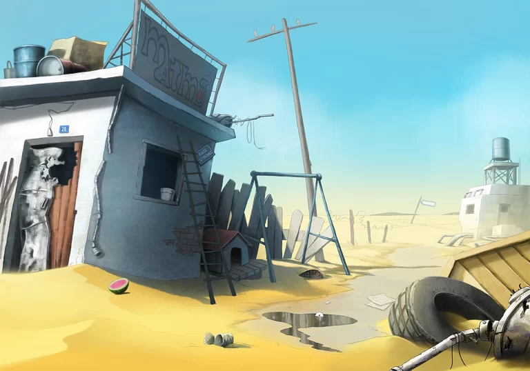 Background for 2D animation showing a the destroyed back yard of a small house in Athens. The buildings are hardly seen because the landscape is covered in sand. This is a post apocalyptic, post destructive scenery. Hard light and hard contrasts are in the image. Part of a series. Digital concept art, ANIMaD, 2011