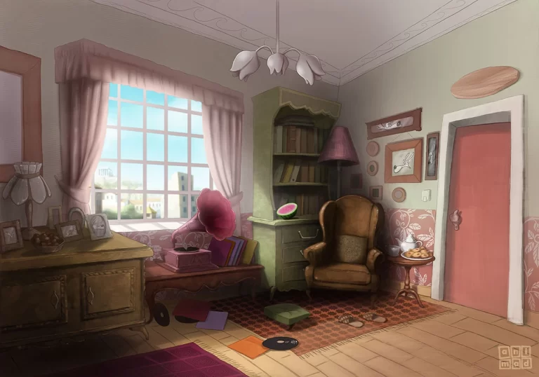 Background for 2D animation showing a cozy and vintage living room in daylight with nice warm, soft colors and a leather chair by the window. Outside the room, we can see Athens and the Acropolis. Digital concept art, ANIMaD