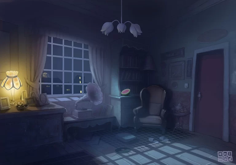 Background for 2D animation showing a cozy and vintage living room at night with a leather chair by the window. The watermelon on the table adds mystery. The room looks welcoming and tranquil with the soft dark blue hues. Outside the room, we can see Athens and the Acropolis by night. Digital concept art, ANIMaD, 2011