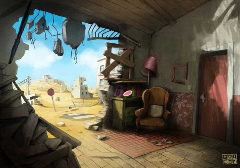 Background for 2D animation showing a destroyed vintage living room with a torn-down wall and sand on the floor. Outside, we can see Athens and the Acropolis in a desert-like landscape covered by sand. It's a post-apocalyptic scene. Digital concept art, ANIMaD, 2011