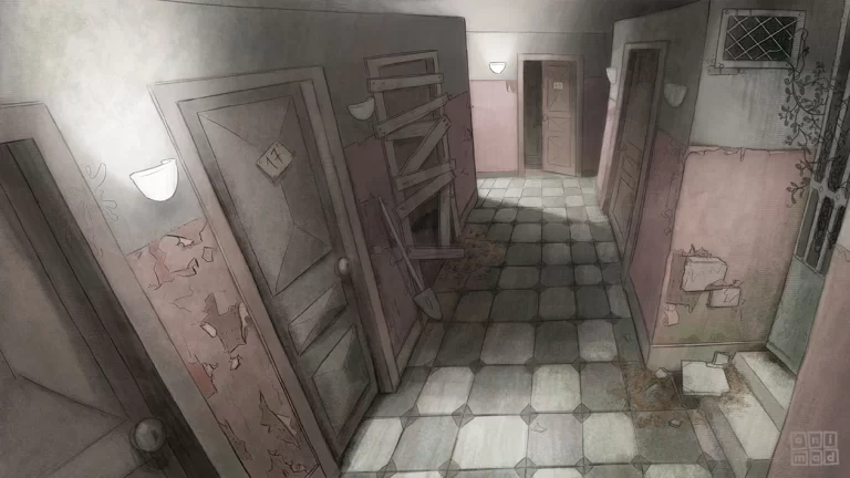 Background for 2D animation featuring an abandoned and destroyed hotel corridor with a soft, muddy, muted, and warm green-red palette, evoking a sense of sadness. Digital concept art, ANIMaD