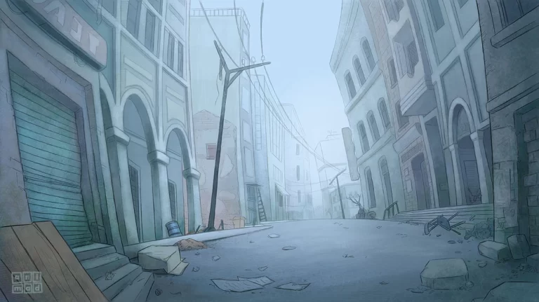 Background for 2D animation featuring a destroyed and abandoned outdoor scene of a town, with warm and soft blue colors. Digital concept art, ANIMaD, 2018