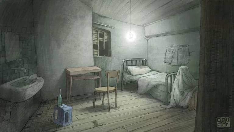 Background for 2D animation featuring an abandoned room with soft green, muddy colors, evoking sadness and loneliness. Digital concept art, ANIMaD