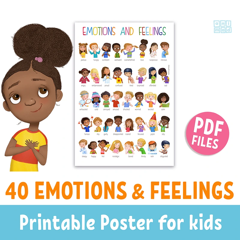 Hand-drawn printable poster for kids featuring 40 diverse boys and girls with various facial expressions showing different emotions and feelings, available as an instant download on Etsy by Animad