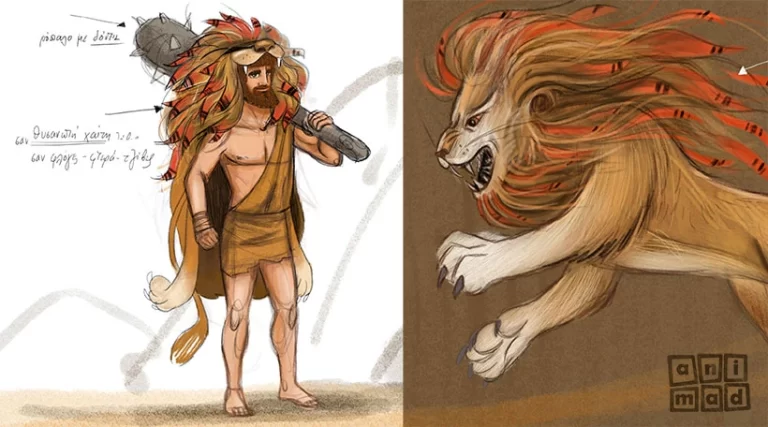 Digital character design concept art of Hercules and the Lion, created for a Greek mythology themed park by ANIMaD in 2020. The artwork features a warm, earthy color palette with soft browns, ochre, and orange tones