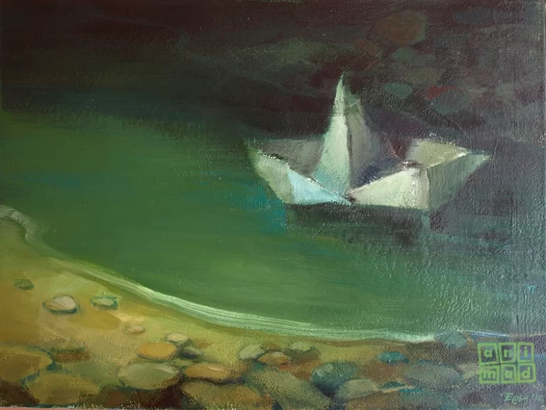 Acrylic painting of a paper boat floating at the corner of a water pond with muted green and brown colors, created by ANIMaD in 2012