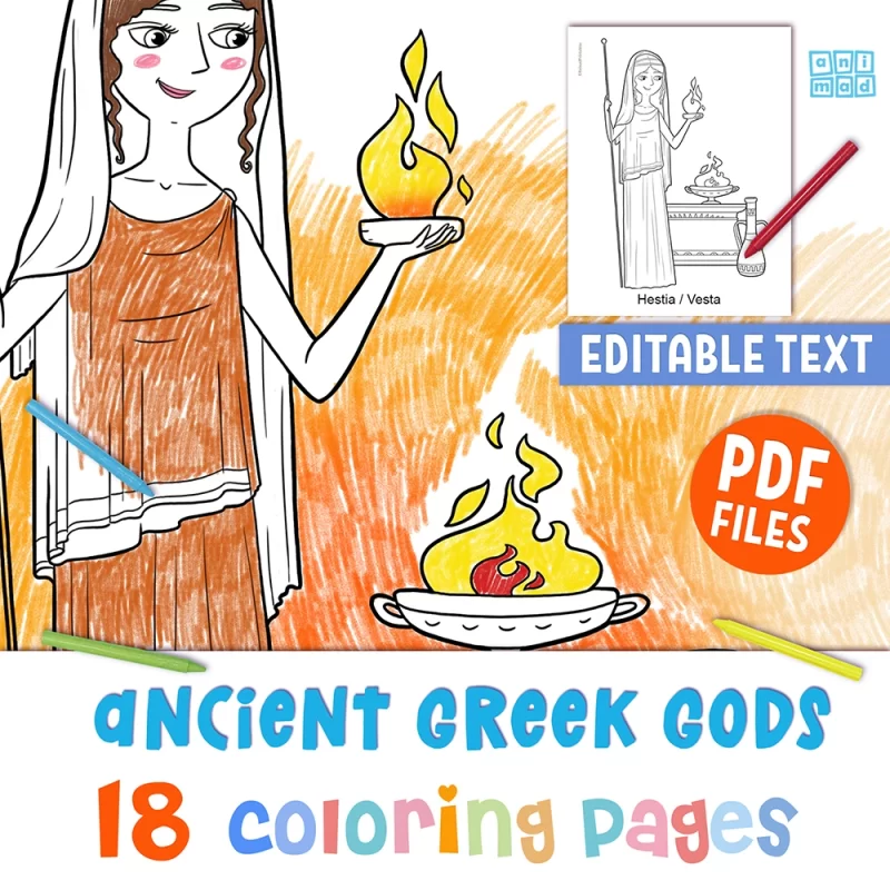 Close-up of a coloring page featuring an Ancient Greek God, part of a set for kids with 18 pages, bold lines, letter size (printable in A4), instant download, and editable text labels.