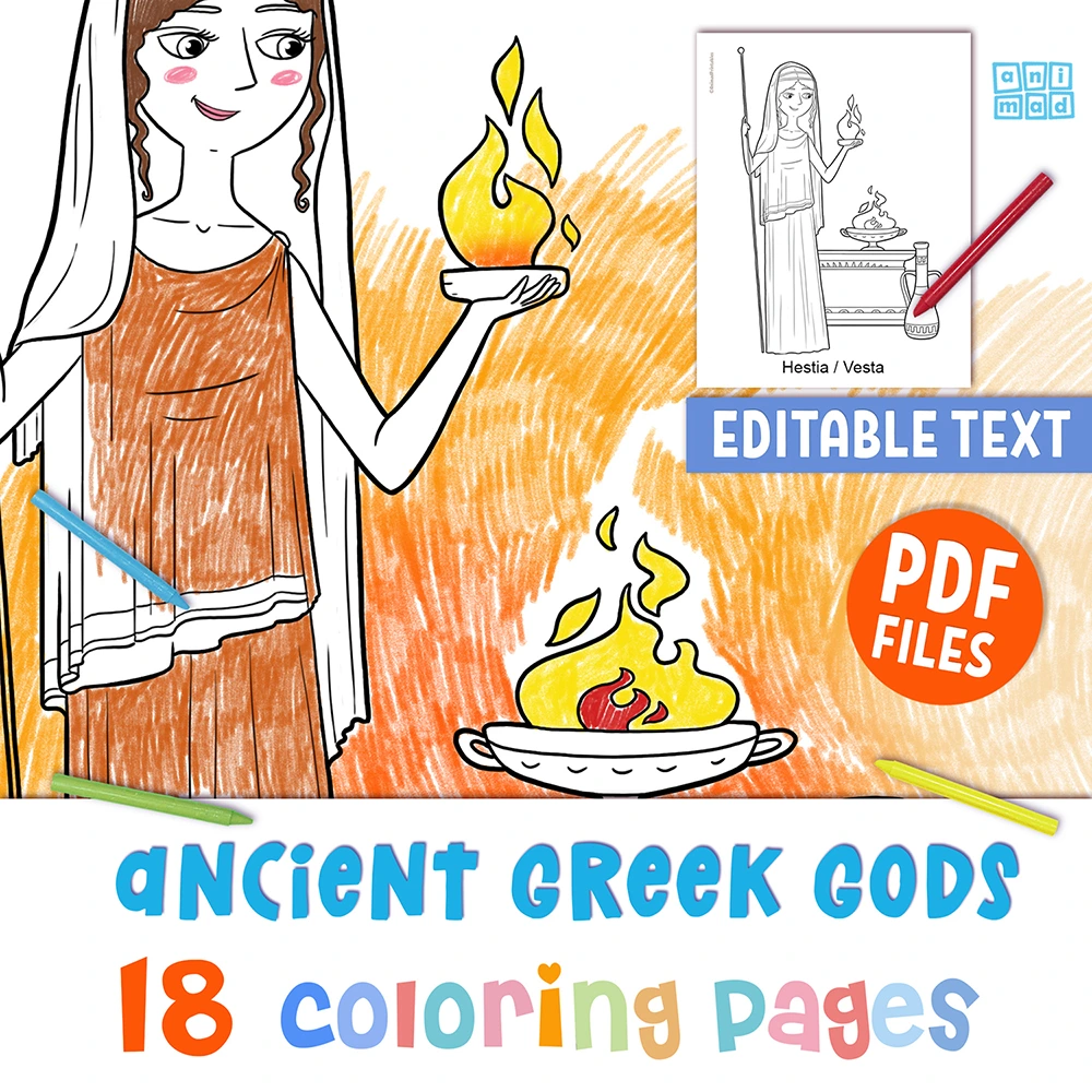 Close-up of a coloring page featuring an Ancient Greek Goddess, part of a set for kids with 18 pages, bold lines, letter size (printable in A4), instant download, and editable text labels - ANIMaD