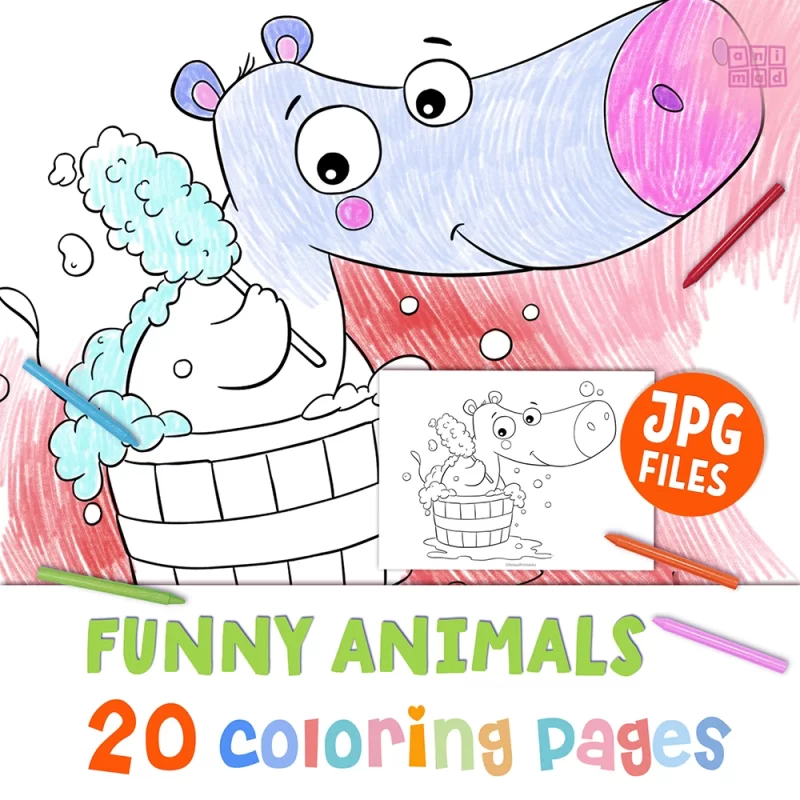 Coloring pages set featuring funny and cute animals for preschool kids. Includes 20 pages with bold lines, simple and easy designs, letter size (printable in A4), instant download.