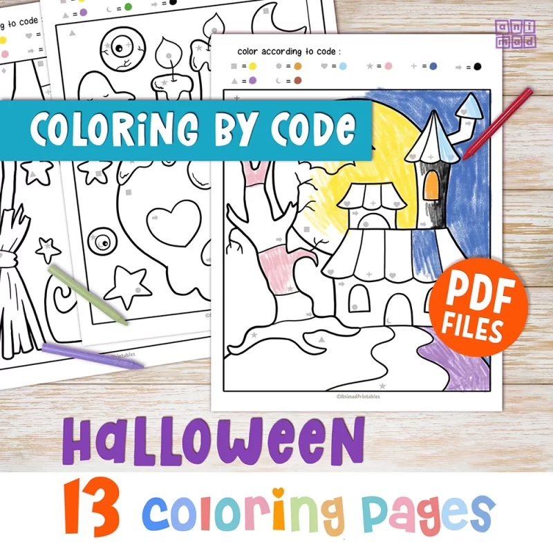 Halloween-themed coloring pages for kids with a color by code (shapes) activity. Includes 13 pages with bold lines, letter size (printable in A4), instant download.