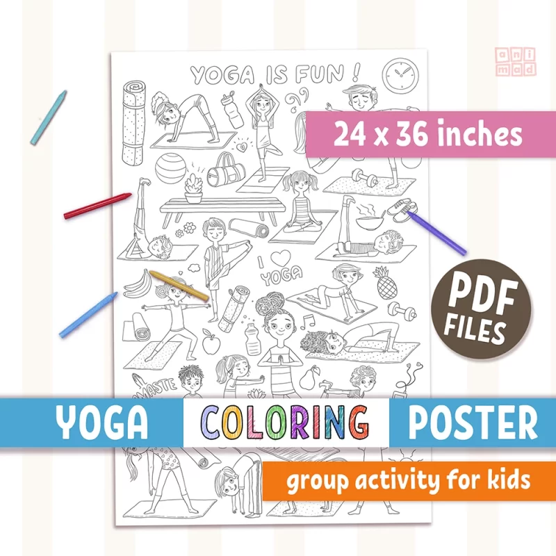 Jumbo Yoga Poses Coloring Poster for Kids - 24x36 Inches Printable Instant Download by ANIMaD