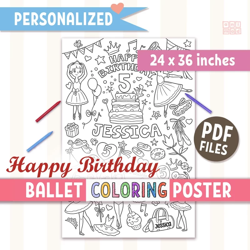 Personalized jumbo-sized ballerina coloring poster for girls with a Happy Birthday theme, featuring customizable name and age. Printable instant download file, 24x36 inches.