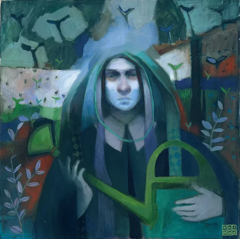 Oil painting of a woman holding a water can, surrounded by sprouts and seeds in blues and greens, created by ANIMaD in 2016