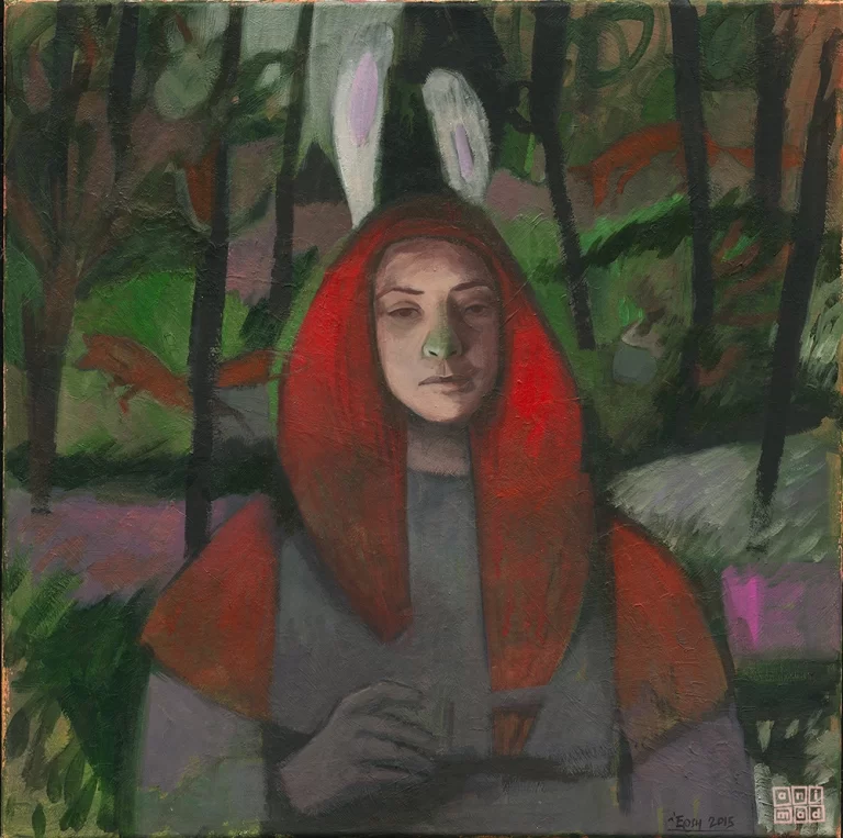 Oil painting of a woman in red, surrounded by playful wolves in a forest setting, created by ANIMaD in 2016