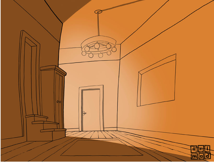 Create atmospheres with light in animation backgrounds : Monochromatic illustration of a room with strong light from the left, creating dramatic shadows and a sense of anticipation - ANIMaD