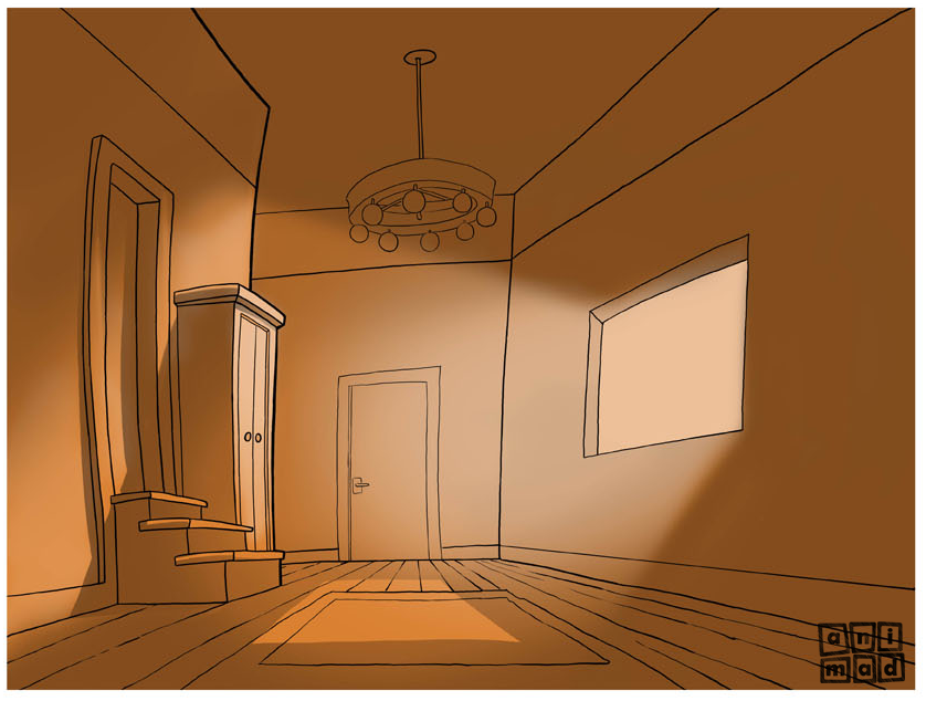 Create atmospheres with light in animation backgrounds : Monochromatic illustration of a room with natural light from a window on the right, dividing the space with shadows, by ANIMaD