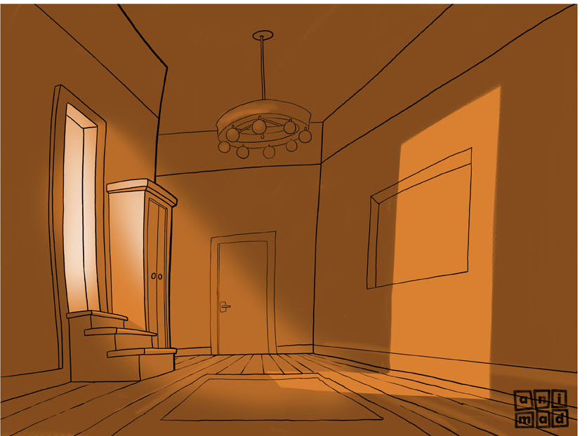 Create atmospheres with light in animation backgrounds : Monochromatic illustration of a room with bright light from a door on the left, creating deep shadows and a dramatic atmosphere by ANIMaD