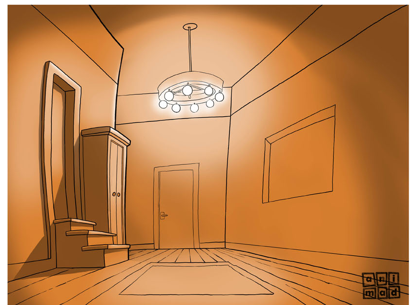 Create atmospheres with light in animation backgrounds : Monochromatic illustration of a room with ceiling light, creating a well-lit space with soft shadows, by ANIMaD