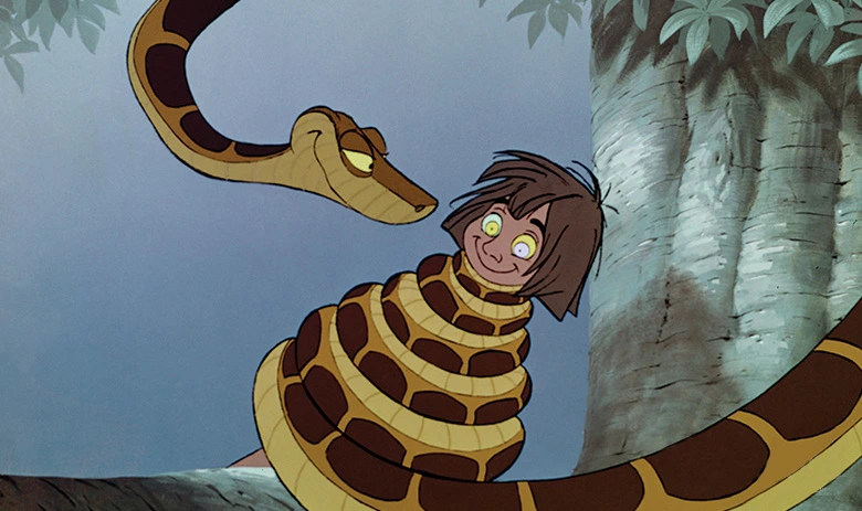 Background art from Disney's The Jungle Book showing Kaa the snake hypnotizing Mowgli the boy in a jungle setting - Disney Classics