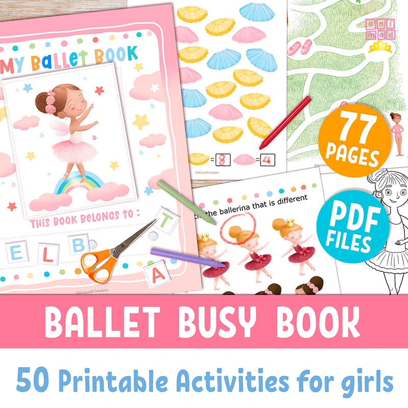 Ballet busy book for kids - Printable activities, Featuring engaging ballet-themed activities and hand-drawn illustration of ballerinas - ANIMaD