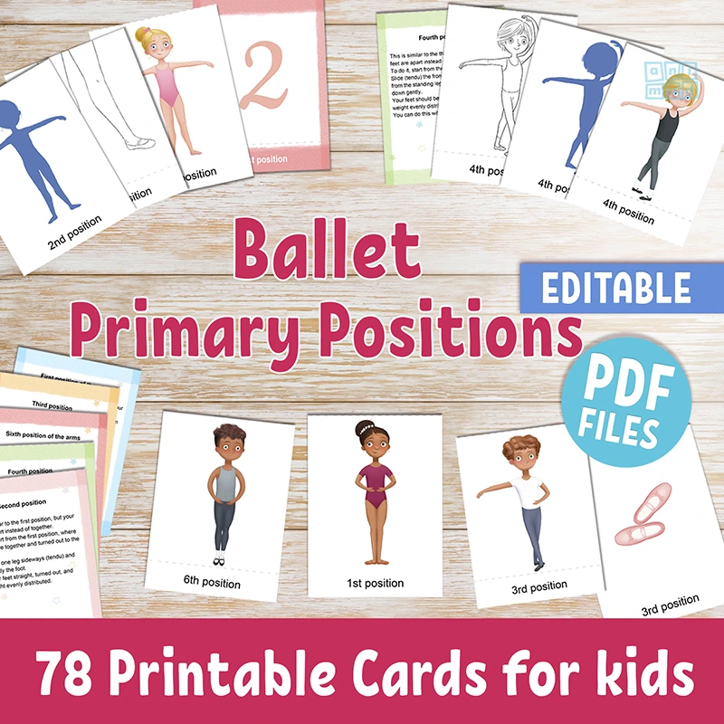 Ballet primary positions flashcards for boys and girls - Printable and editable - AnimadPrintables - Featuring hand-drawn illustrations of ballet position. Printable and Editable PDF files