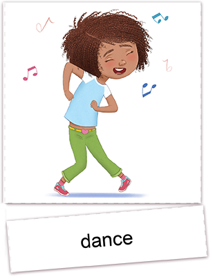 Illustrations of an Afro American little girl dancing - Coping Skill Flashcards for kids - AnimadPrintables