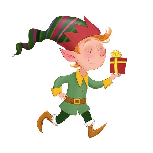 Illustration of a Christmas Elf holding a gift- Christmas and Seasonal Printables for Kids by AnimadPrintables