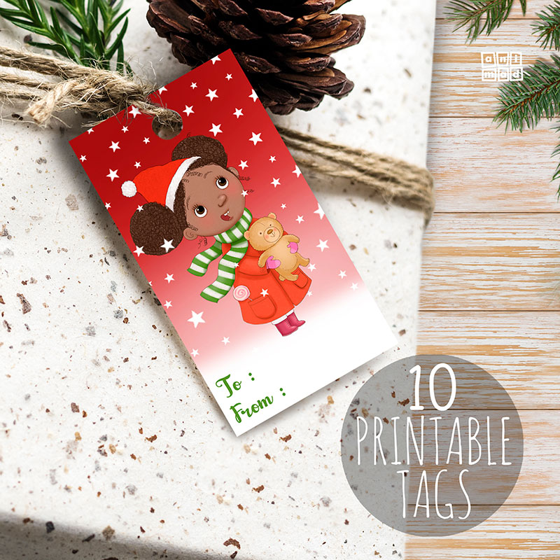 Christmas printable gift tags for kids: instant download files with hand-drawn illustrations of diverse kids decorating Christmas tree and putting on Christmas lights by Animad