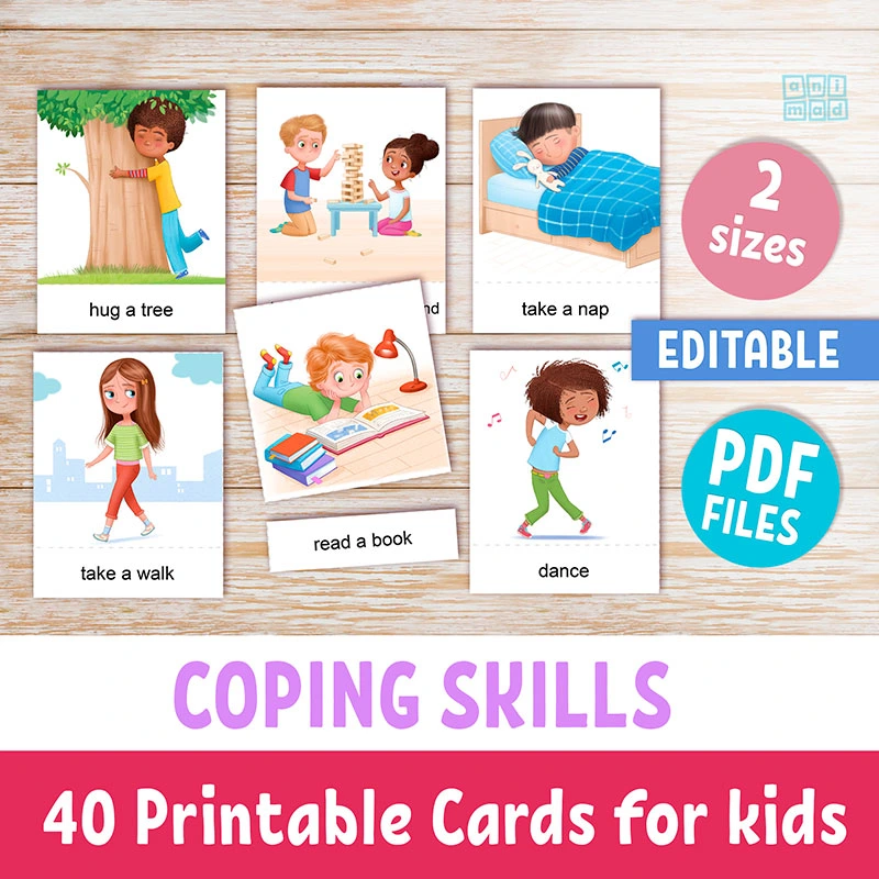 Coping skills flashcards for kids - Printable and editable - AnimadPrintables - Featuring hand-drawn illustrations of various coping strategies like deep breathing, positive thinking, and asking for help