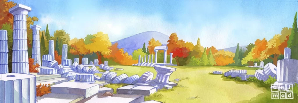 A hand drawn 2d animation Background for an educational project, picturing the countryside with ancient Greek ruins of temples, made with ecoline and gouache by ANIMaD